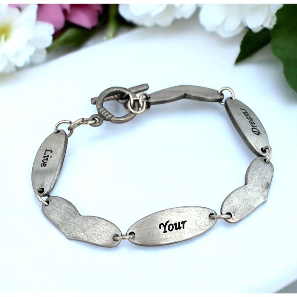 Vintage Pewter Tone Link Bracelet Live Your Dreams Message - 2S